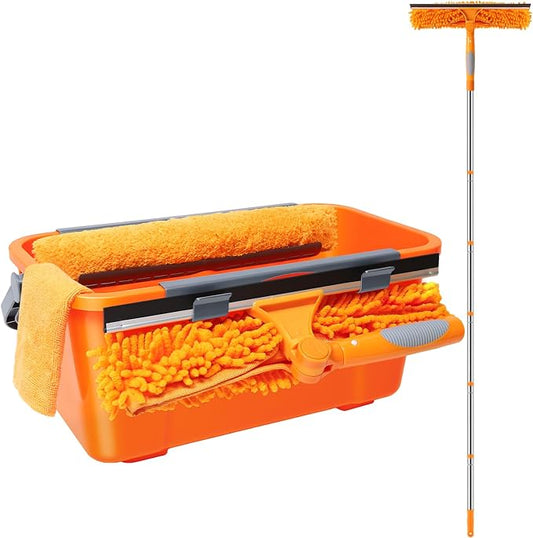 Window Cleaning Kit with 3-Gallon Bucket, 14" Squeegee & 15" Microfiber Scrubber, 78" Extension Pole, All-in-One Window Washing Equipment for Home, Outdoor, Car and Commercial Use