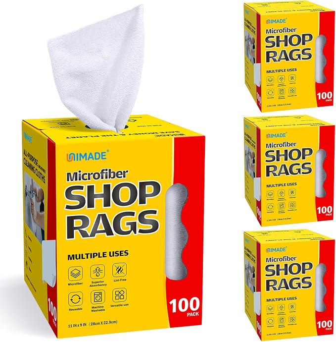 UNIMADE Shop Rags, 4 Boxes - 400 Sheets Microfiber Cleaning Cloth | Commercial Grade Washcloths Lint-Free Bulk Shops Towels for Cars Mechanic Restaurant Garage Housekeeping, 11"x 9", White