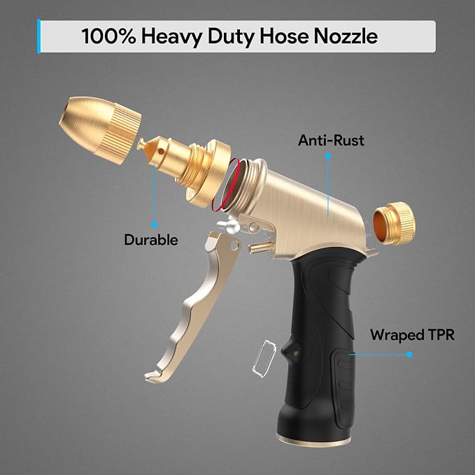 Garden Hose Nozzle, Heavy Duty Metal Spray Nozzle | Upgraded, High Pressure, Adjustable Spray Patterns, For Watering Plants, Car Washing, Pet Showering