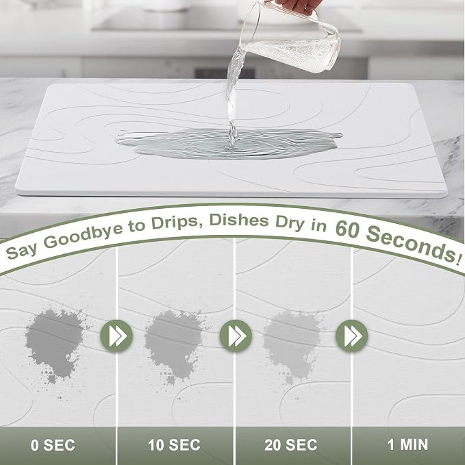 Large Stone Drying Mat for Kitchen Counter, 24" × 16" Diatomite Dish Drying Mat, Quick Dry Stone Mats, Ultra Absorbent Natural Diatomaceous Earth Mats for Dished, Bottles, White