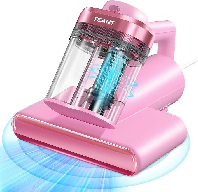 Teant Mattress Bed Vacuum Cleaner, 16 kPa Suction & 253.7nm UV-C, MV-Pink | 2-Speed Mattress Vacuum with 33000 RPM Tapping, UV-C, Ultrasonic, 149℉ Heat, Anion, HEPA, Deep Clean for Bed and Pet Hair
