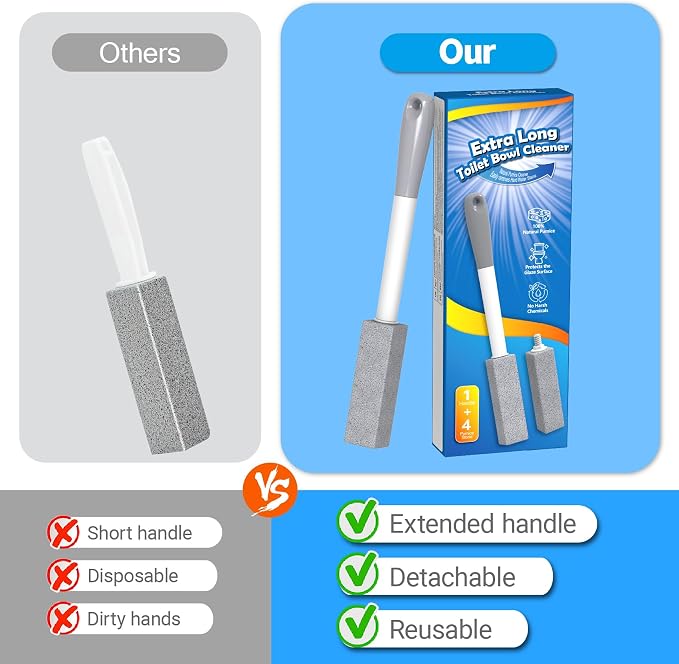 4 Pack Pumice Stone Toilet Bowl Cleaner Long Handle Replaceable Heads