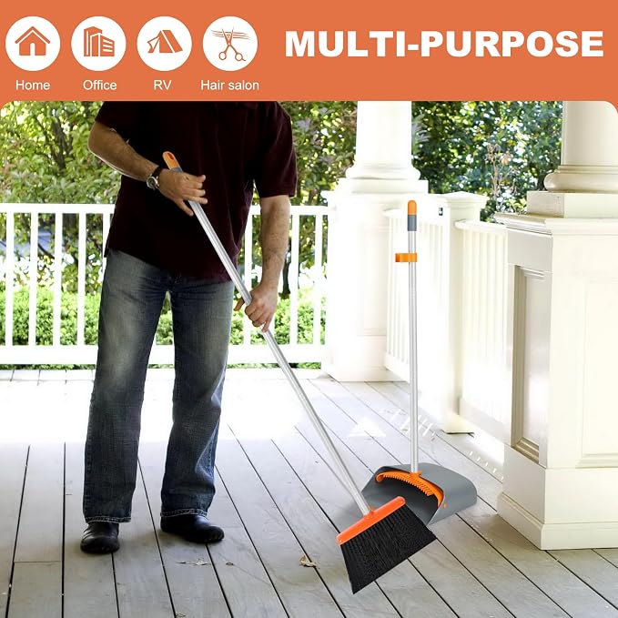 Long Handled Dustpan and Brush, Broom and Dustpan Set, Household Dust pan Combo with 54 Inch Handle for Indoor Outdoor Household Cleaning and Sweeping (Orange)