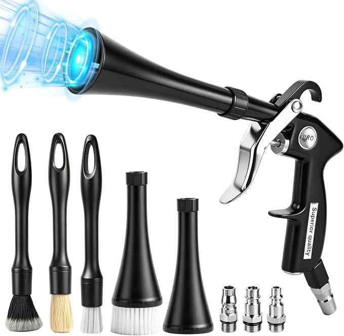 Car Detailing Air Cleaning Gun - Dry Blower Gun Works with Air Compressor | High Pressure Air Blaster with 2 Nozzles 3 Brushes 3 Connectors, Ergonomic Duster Tool for Car Interior Detailing Cleaning