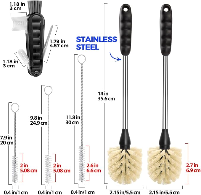 Holikme 6 Pack Bottle Brush Tube Set, 14" Long Handle Stainless Steel Bottle Cleaner Brush, 3 Straw Brushes, Portable 3-in-1 Bottle Cleaning Brush for Water Bottle Cups Baby Bottle Straws, Yellow