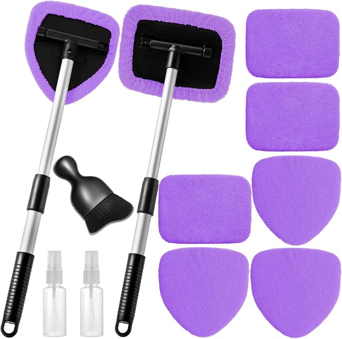 Qydipclin 11pcs Windshield Cleaner Tool, Car Window Cleaning Wash Kit with 6 Reusable Microfiber Pads 2 Spray Bottles and Extendable Handles Auto Glass Wiper Kit, Purple