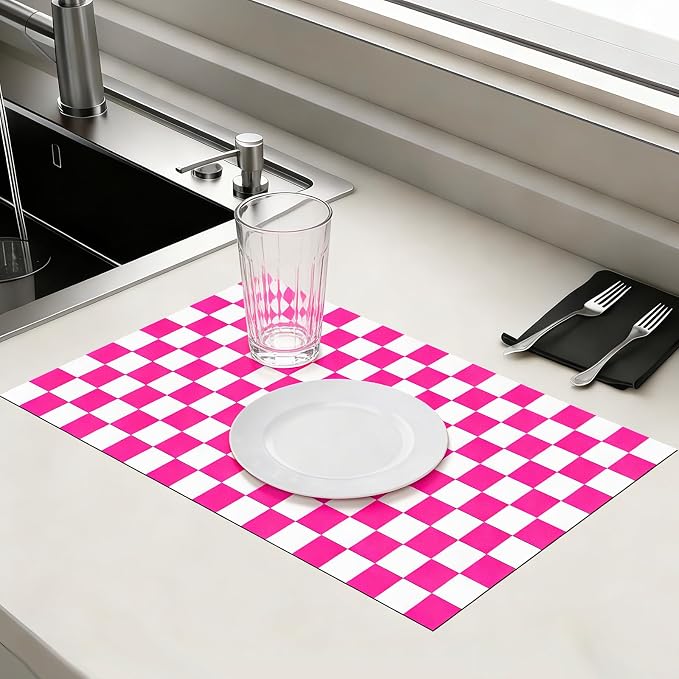 Checkered Dish Drying Mat for Kitchen Counter 24x16 Inch | Super Absorbent Microfiber Resistant Mat, Reusable Place Mats,Aesthetic Coffee Car Accessories,Office Desk Pad Protector