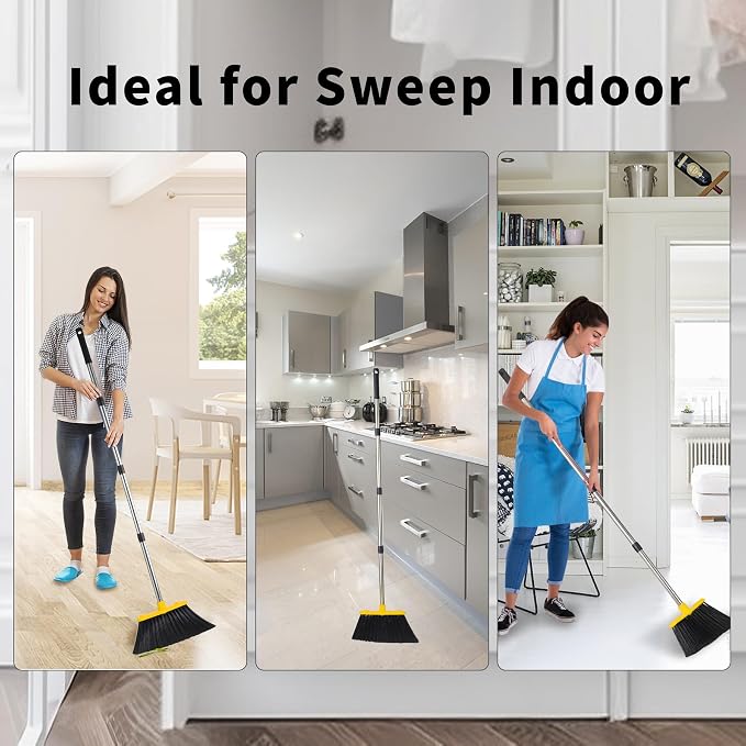 Broom and Dustpan Set for Home, 51" Long Handle Standing Pan Black Yellow | Self-Cleaning Dust Pan and Brooms, ZeroGap Lip, Upright Storage Broom Combo for Kitchen Lobby Office Restaurant Indoor