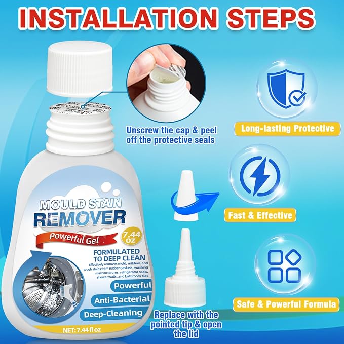Mold Remover Gel 8 Fl Oz – Deep Cleaning Gel for Washing Machine Gasket, Bathroom Mold, Tile Grout, Shower, Sink & Caulk – All-Purpose Household Mold & Stain Cleaner