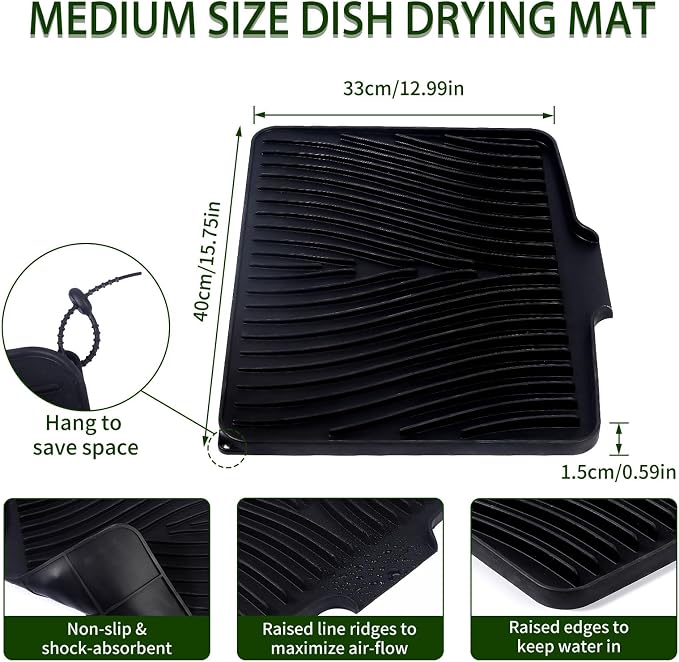 Silicone Dish Drying Mat 16x13,Food-Grade Silicone,Easy Clean Pad for Countertop Protection,Heat Resistant,Easy Clean,Non-Slip Drain Pad with Built-in Drain,Multi-Functional Use,Black