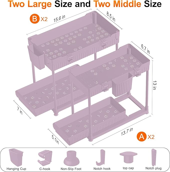Sevenblue 4-Pack 2-Tier Under Sink Organizer with Pull Out Drawers | Multi-use kitchen & bathroom storage. Includes hanging hooks and cups. Pink, space-saving cabinet design. 12.8 Inch