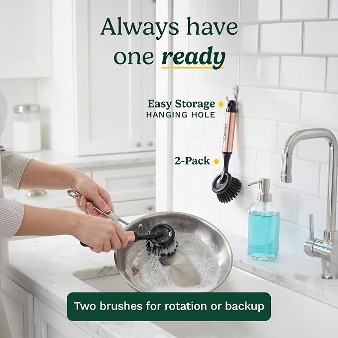 Cuisinart Dish Brush with Handle, 2 Pack, Firm Bristles | Multi-purpose dish scrubber for plates, pots, and pans, deep cleaning removes grease, safe for nonstick, round head
