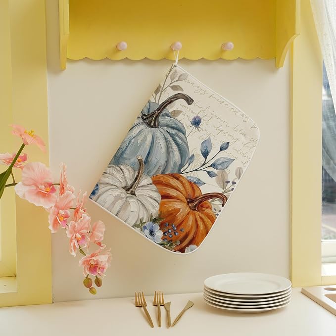 Fall Checkered Dish Drying Mats 18x24 Inch White Orange Blue Pumpkin Drying Mats Holiday Thanksgiving Autumn Outdoor Dish Drying Pad Dish Rack Drainer Mats for Kitchen Dining Room Counter Decor