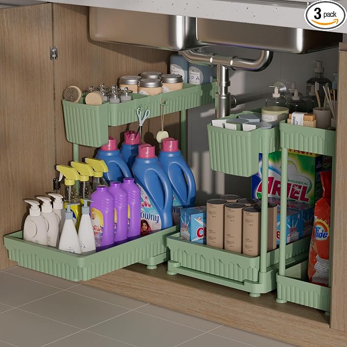 Sevenblue 3 Pack Multi-Purpose Pull-Out Storage Organizers, 2-Tier L-Shaped Under Sink/Cabinet Organizers and Storage for Bathroom & Kitchen,Green,12.85 Inch