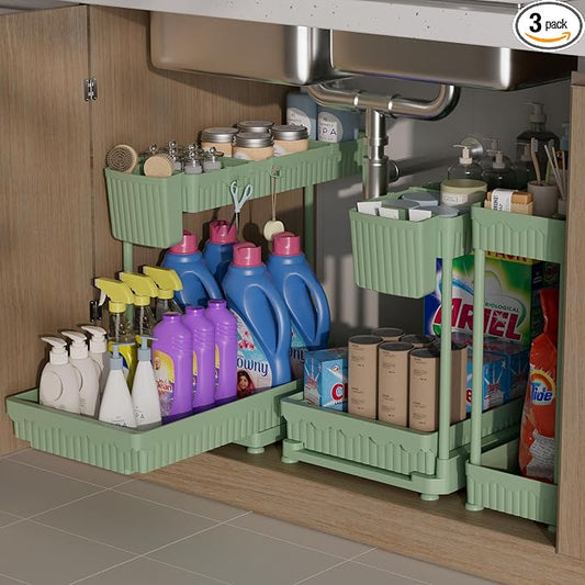 Sevenblue 3 Pack Multi-Purpose Pull-Out Storage Organizers, 2-Tier L-Shaped Under Sink/Cabinet Organizers and Storage for Bathroom & Kitchen,Green,12.85 Inch