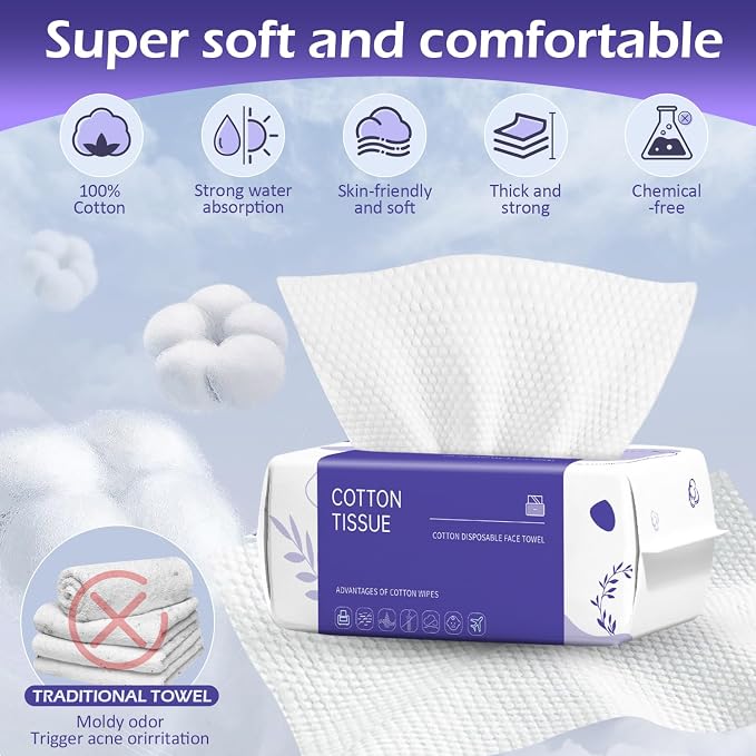 Disposable Face Towel 600 Count, Face Clean Towels, Soft Cotton Dry Wipes Facial Cloths Towelettes for Washing and Drying, Facial Tissue for Cleansing, Skincare and Makeup Remover