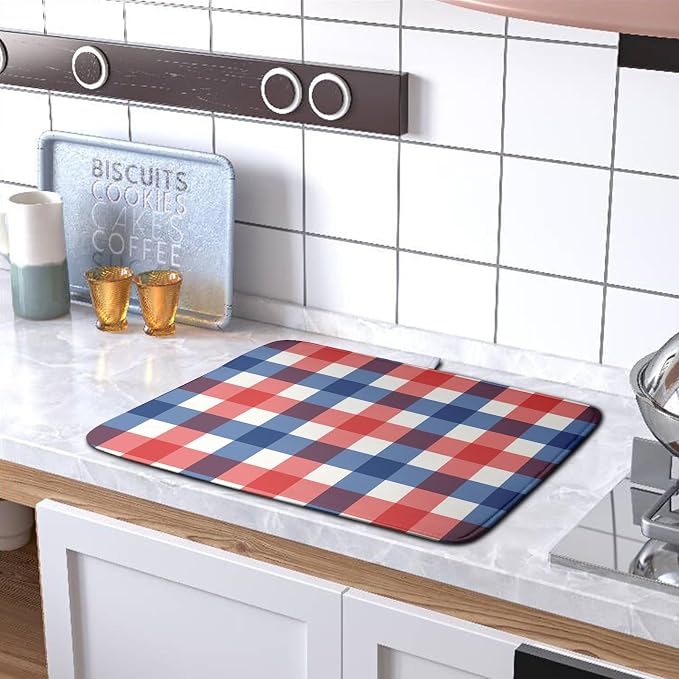4th of July Dish Drying Mat Patriotic Buffalo Plaid Drying Mats for Kitchen Counter Absorbent Microfiber Dish Drainer Pad Independence Memorial Day Dish Draining Mat 16x18 Inch