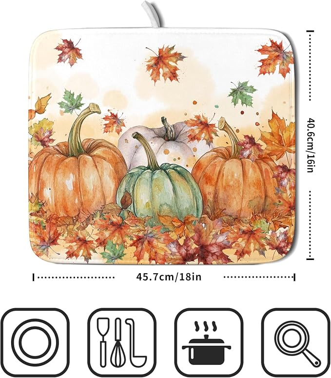 Fall Dish Drying Mat for Kitchen Counter 16×18 Inch Orange Pumpkin Drainer Pad Rustic Autumn Dish Rack Pad Drainer Mat Thanksgiving Absorbent Reversible Microfiber Dish Drying Pad for Coffee Bar