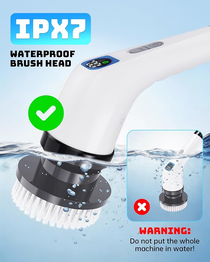 Electric Spin Scrubber for Bathroom | Shower Cleaner Brush with Long Handle | Dual Speed Cordless Power Scrubber with 7 Brushes Heads | IPX7 Waterproof Scrub Brush for Bath Tub Tile Grout Glass Tool