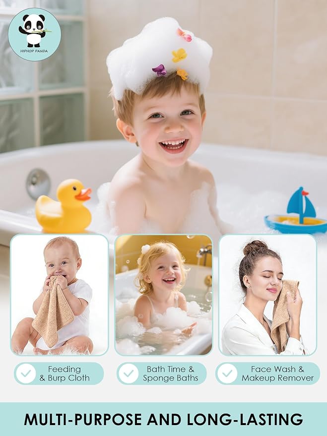 HIPHOP PANDA Baby Washcloths, Rayon Made from Bamboo - 2 Layer Ultra Soft Absorbent Newborn Bath Face Towel - Reusable Baby Wipes for Delicate Skin - Brown, 6 Pack