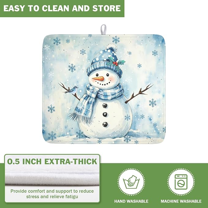 Winter Snowman Dish Drying Mat for Kitchen Counter 16x18 Inch | Blue Christmas Snowflake Snow Scene Dish Drainer Mat Rustic Seasonal Holiday Absorbent Washable Drying Pad