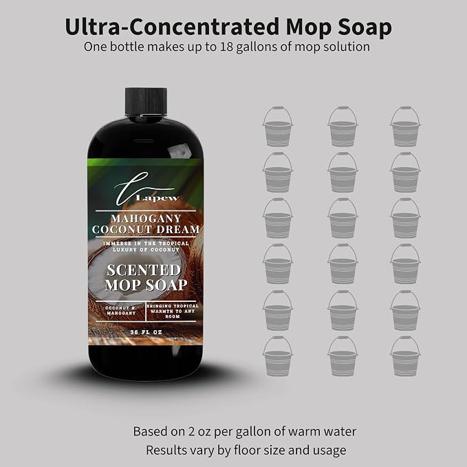 Lapew Mahogany Coconut Scented Mop Soap - Luxury Floor Cleaner Concentrate for Mopping Tile, Laminate, Vinyl & Hardwood | Streak-Free, Low-Foam | 36 oz