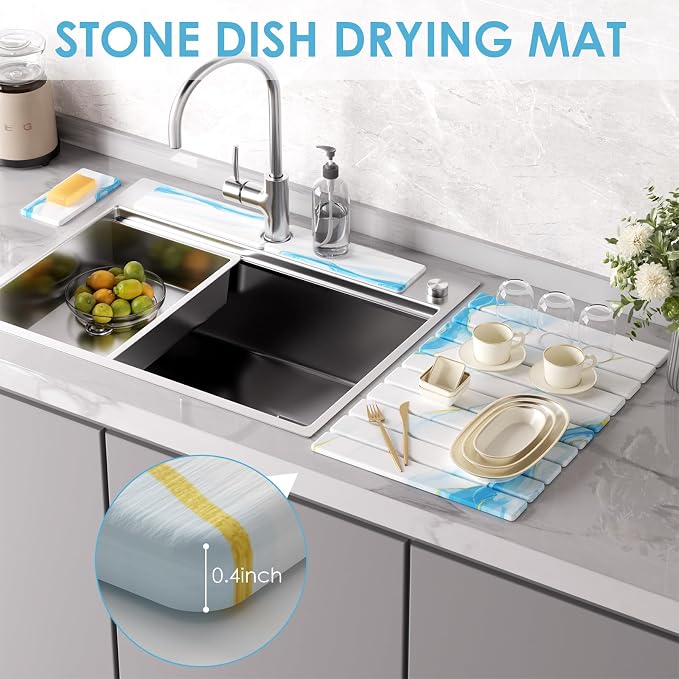 4-Piece Large Stone Dish Drying Mat for Kitchen Counter, 24"x16" Super Absorbent Diatomaceous Earth Drying Mat Set with Faucet Mat & Small Utility Mat, Rollable Quick Dry Pad for Dishes, Cups, Bottles