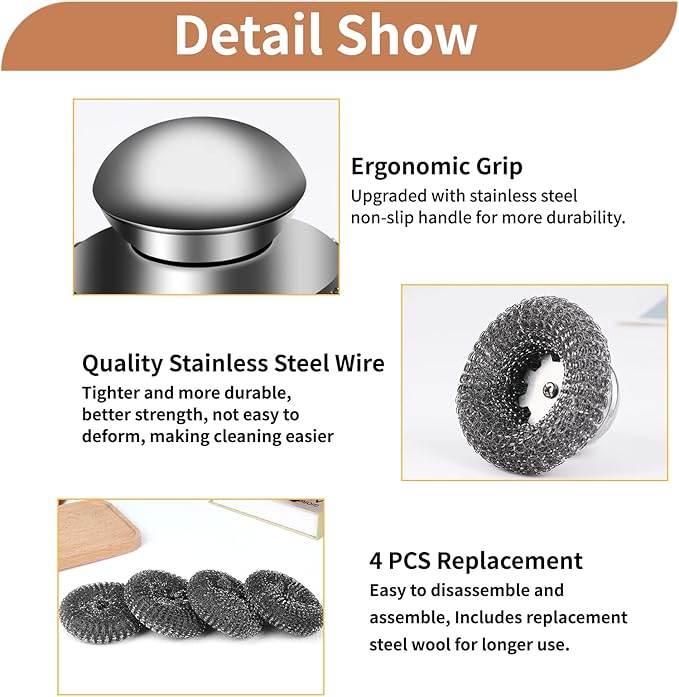 5Pcs Steel Wool Scrubber with Replacement Wire Sponge Pads Set, Stainless Steel Scrubber with Handle for Scouring Stubborn Messes from Cast Iron, Pots, Pans, Grill, Stoves, Sink(1 Scrubber+4 Pads)