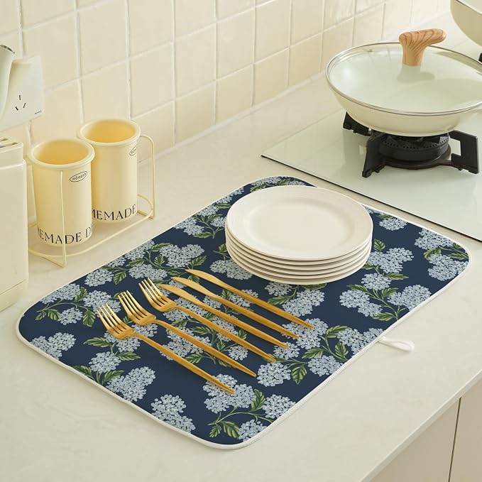 Navy Blue Dish Drying Mat 18x24 Inch Blue Green Vintage Floral Hydrangea Flower Drying Mat Spring Summer Seasonal Absorbent Dish Drying Pad Dish Rack Drainer Mats for Kitchen Dining Counter