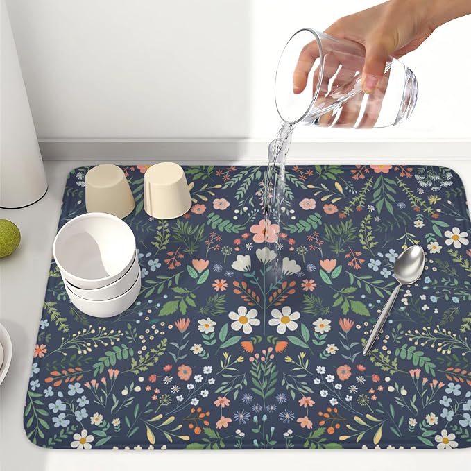 Floral Dish Drying Mat for Kitchen Counter Rustic Flower Leaves Print Microfiber Dish Drainer Mat Farmhouse Floral Absorbent Washable Drying Pad Extra Large 18"x24"