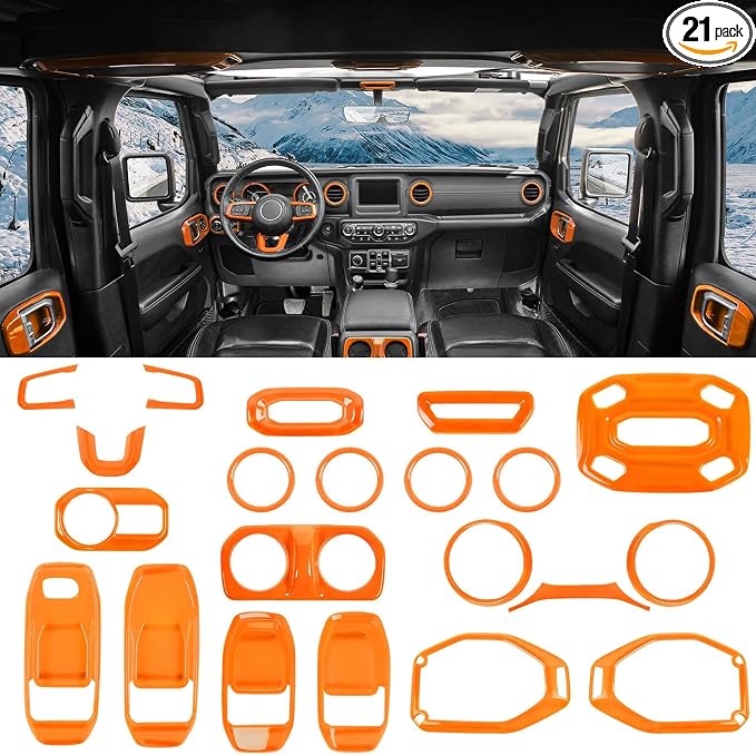 for Wrangler JL Interior Trim Kit Orange Dashboard for Jeep Wrangler JL JLU Gladiator JT 2018-2023 Orange Interior Accessories 21pcs