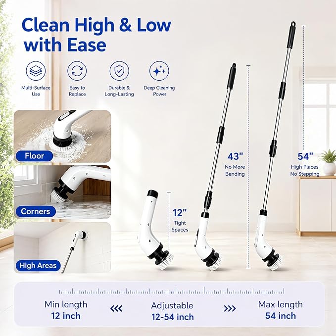 Highyes Electric Spin Scrubber for Bathroom | IPX7 Waterproof Shower Scrubber with Extendable Long Handle，Bathroom Cleaning Scrubber with 7 Reusable Brush Heads