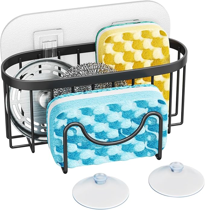 HapiRm Multifunctional Sponge Holder with Unique M-Shaped, 2 Installation Methods Kitchen Sink Caddy Organizer, Rustproof Stainless Steel Kitchen Organizers and Storage Essentials - Black