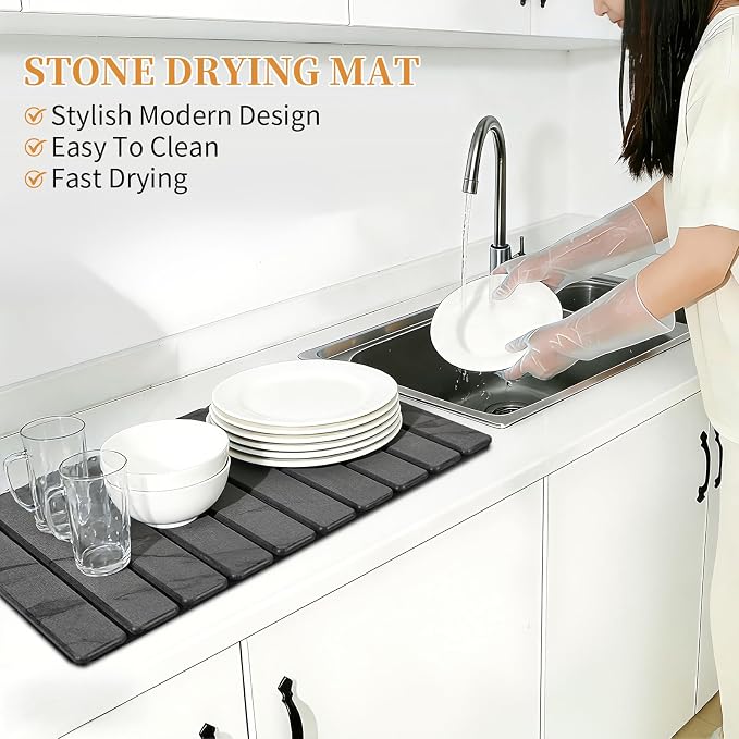 Stone Dish Drying Mat for Kitchen - Upgrade Counter Mats Quick Dry | Foldable Design, Super Absorbent, (24"×16"/ 8"x4" ) , for Dishes Cups , No Water Stains, Core Material Upgrade, Gray