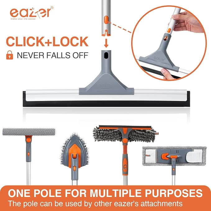 Eazer Floor Squeegee for Floor: Heavy Duty Scrubber with Extendable 60'' Aluminum Pole and Rubber Blade for Kitchen, Swimming Pool, Concrete Floors,Shower,Tiles,Garages,Windows,Glass,Pet Hair Removal