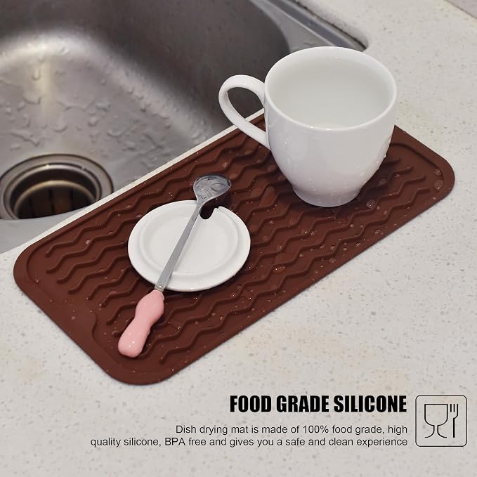 Silicone Dish Drying Mat, Non-Slip Easy Clean Sink Mat Large Heat-resistant Dish Drainer Mat for Kitchen Counter, Sink, Refrigerator or Drawer liner (12" x 6", COFFEE)