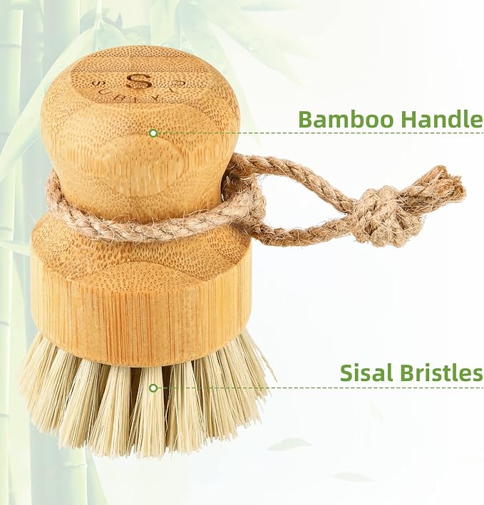 SUBEKYU Bamboo Dish Scrub Brushes for Kitchen, Wooden Cleaning Scrubbers Set for Washing Cast Iron Pan/Pot, Natural Sisal Bristles, Set of 2