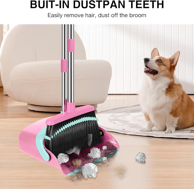 NACENA Broom and Dustpan Set with 52-in Long Adjustable Handle, Pink Blue | Broom Dustpan Combo with Dustpan Teeth to Automatically Clean Hair Suitable for Home Kitchen Office Hall Floor