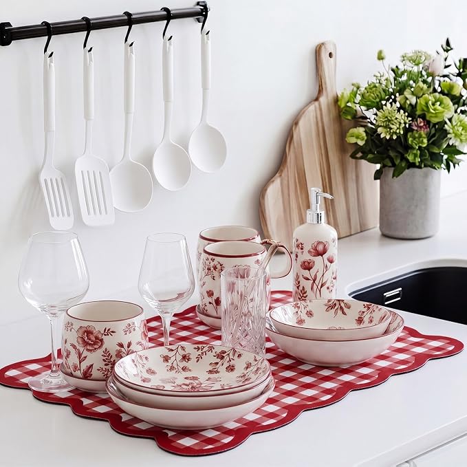 Scalloped Gingham Coffee Mat 12" x 20" Absorbent Coffee Bar Mat Gingham Espresso Matt for Counter(Red)