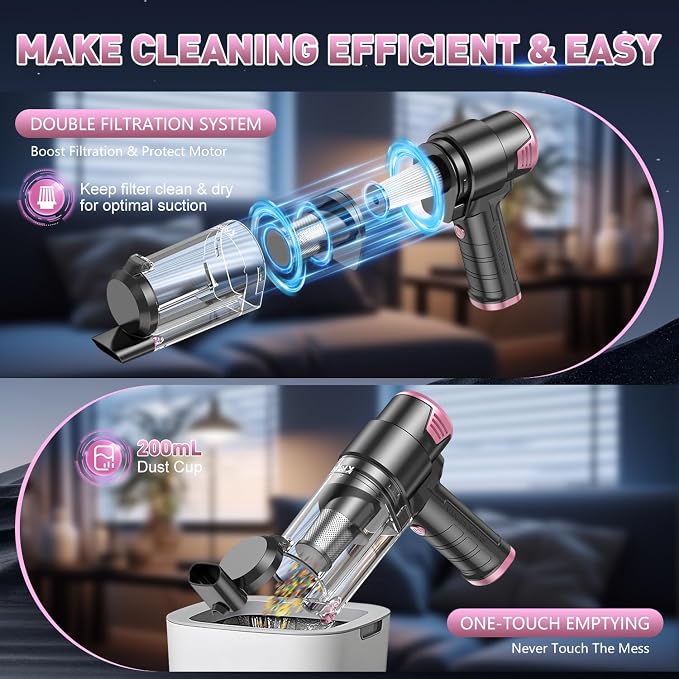 KMM Handheld Car Vacuum Cleaner, Hand Held Car Vacuum & Air Duster | 16000PA Strong Suction, 120W High Power, Cordless, Portable, Rechargeable, Multi-Nozzles & LED Light, For Home, Car, Office