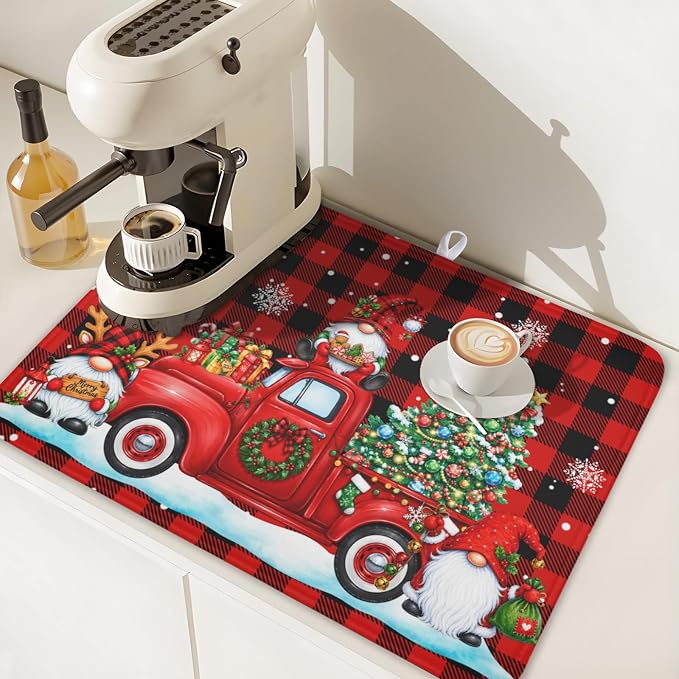Christmas Dish Drying Mat for Kitchen Counter Xmas Gnome Truck Red Black Buffalo Plaid Dish Drainer Mat Rustic Farmhouse Holiday Absorbent Washable Drying Pad 18"x24"