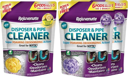 Rejuvenate Garbage Disposal and Drain Pipe Cleaner Pods Powerful Foaming Action and Removes Garbage Disposal Smells 6 Unit Pack Lemon Scent pack & Lavender Pack x2