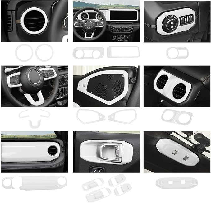 21PCS Full Set Interior Trim Kit for 2024-2026+ Jeep Wrangler JL JLU & Jeep Gladiator JT, Dashboard Side Outlet Door Handle Bowl Headlight Switch Roof Reading Light Cover (White)