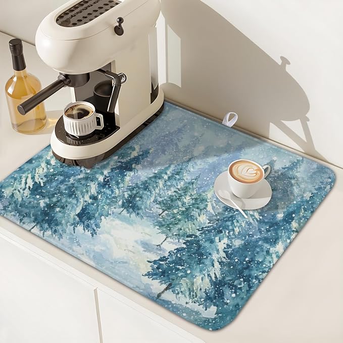 Winter Forest Dish Drying Mat for Kitchen Counter 16x18 Inch | Blue Christmas Pine Trees Snow Scene Dish Drainer Mat Rustic Seasonal Holiday Absorbent Washable Drying Pad