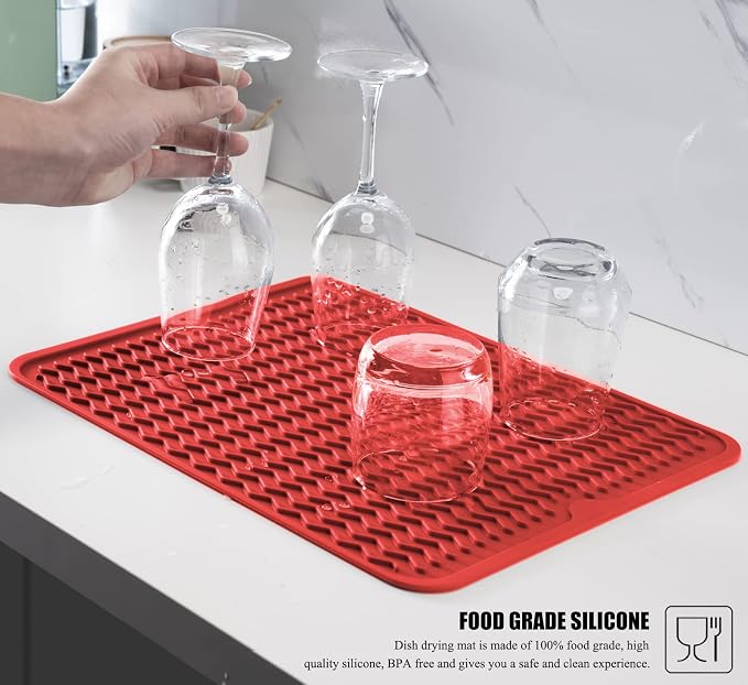 Large 17" x 14" Silicone Dish Drying Mat for Kitchen Counter, Easy clean, Quick Dry, Heat-resistant Dish Drainer Mat for Sink,Refrigerator or Drawer liner (Food Grade Silicone-Red)
