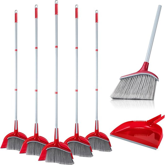Meanplan 5 Pcs Angle Broom and Dustpan Combo Set for School Classroom 54'' Outdoor Indoor Cleaning Broom Commercial Broom with Step-on Dustpan for Home Kitchen Office Floor Dirt Dust Hair Cleaning