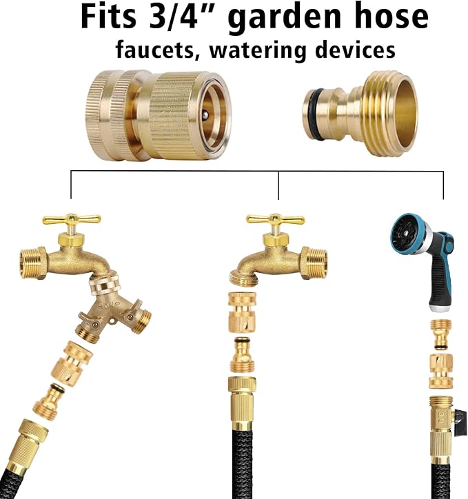 Brass Hose Quick Connect, 3/4 Inch GHT Garden Hose Quick Connector | No-Leak Water Hose Quick Connect Fittings Male and Female - 4Packs