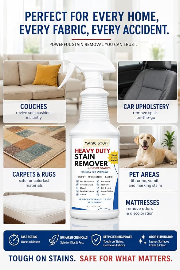 Magic Stuff Heavy Duty Stain Remover - Enzyme-Powered Carpet & Upholstery Cleaner - Eliminates Pet Urine, Odor, Wine, Coffee, Grease, and Deep Set Stains - No rinse, Odor Free, Kid & Pet Safe Formula