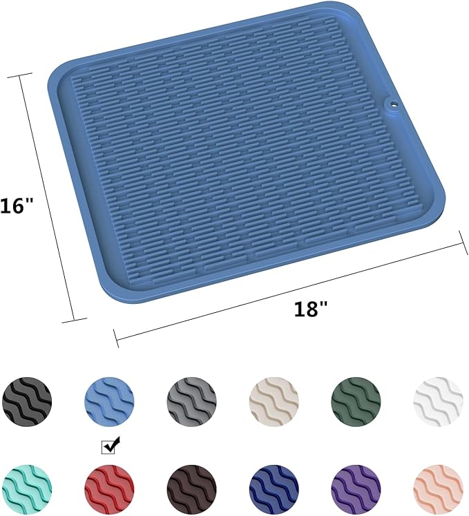 ZLR Heavy-Duty Silicone Dish Drying Mat (16" x 18" / 401 x 455mm) - XL Family-Size Thick 4mm Drainboard for Pots, Pans & Heavy Cookware - Oversized Trivet & Counter Protector, Non-Slip (Lichen Blue)