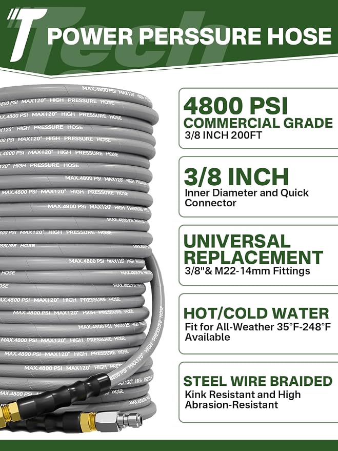 3/8" 4800PSI Pressure Washer Hose 25FT Swivel Quick Connect | Power Washer Hose for Cold/Hot Water Max 248°F, Kink Resistant Steel Wire Braided, Wear Resistant with M22 14mm Adapter
